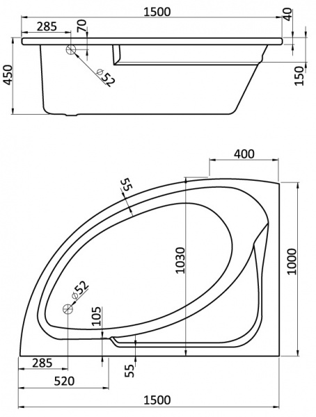 Ванна акриловая Santek ГОА 1.WH11.2.033 150x100 см. левая  Ванна акриловая Santek ГОА 1.WH11.2.033 150x100 см. левая