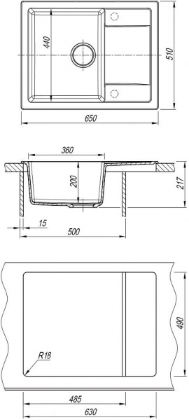 Мойка кухонная из литьевого мрамора Dr. Gans ТЕХНО 650 25.030.C0650.408 65*51 см. серый