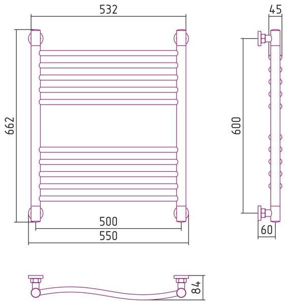 Полотенцесушитель водяной Сунержа ФЛЮИД+ 00-0222-6050 600х500 
