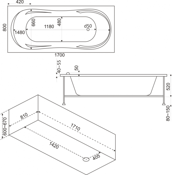 Ванна акриловая BAS АХИН В 00005 170x70 см. 